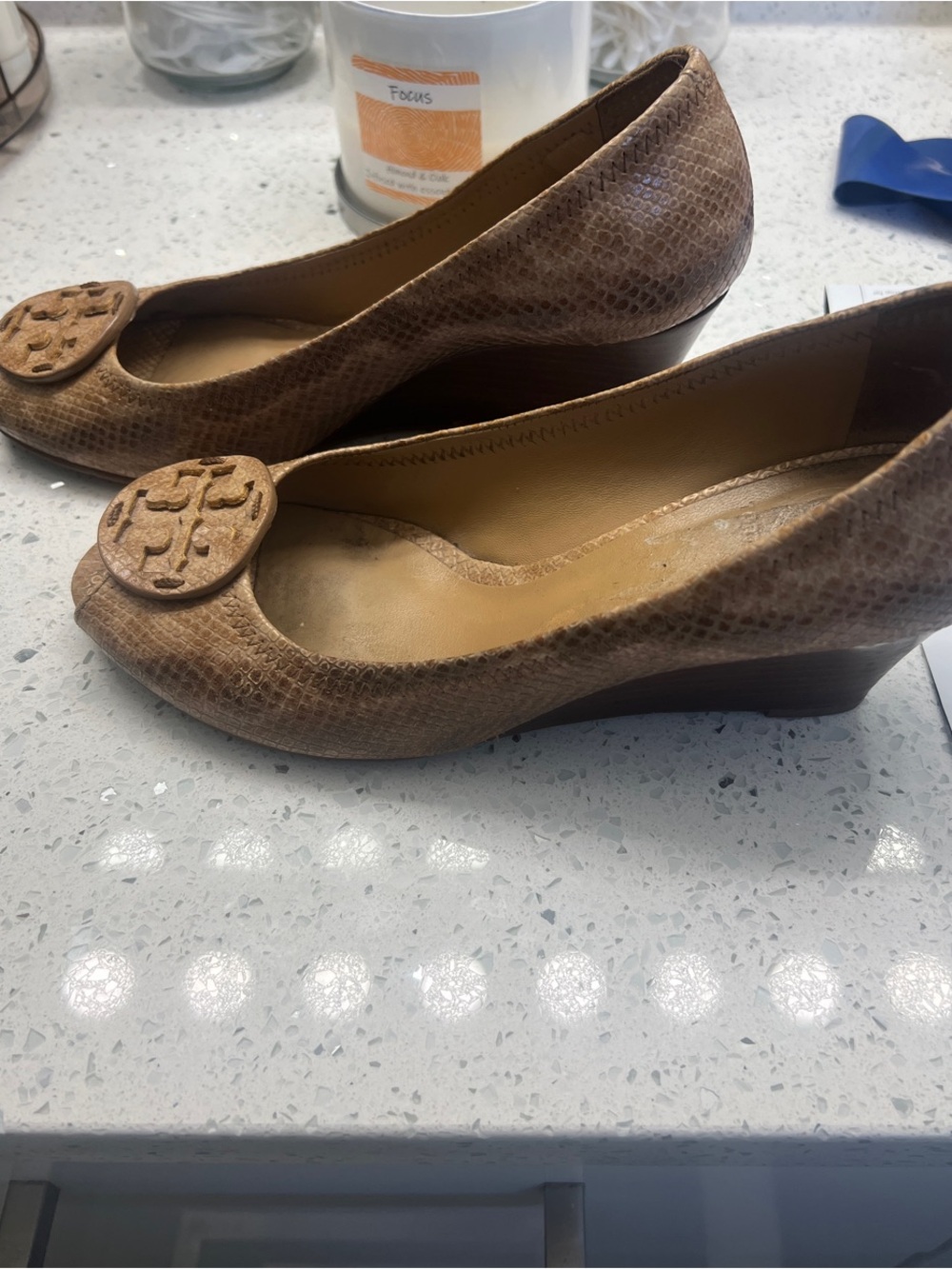 Tory Burch Metallic Bronze Peep-Toe Logo Heels - Picture 2 of 5